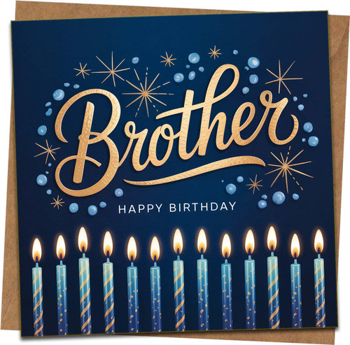 Happy Birthday Brother Card – 145mm x 145mm – Navy and Gold Script with Candles, Stars & Bubbles – Greeting Card with Kraft Envelope