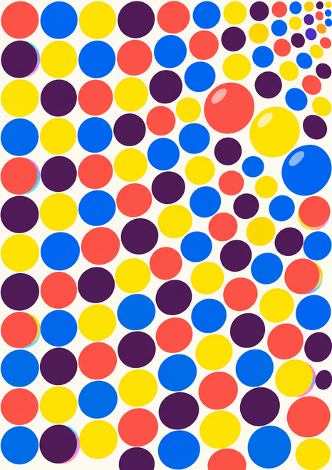 Full-bleed abstract pattern of coral, yellow, blue, and plum circles on a warm-white background, with several glossy highlights.