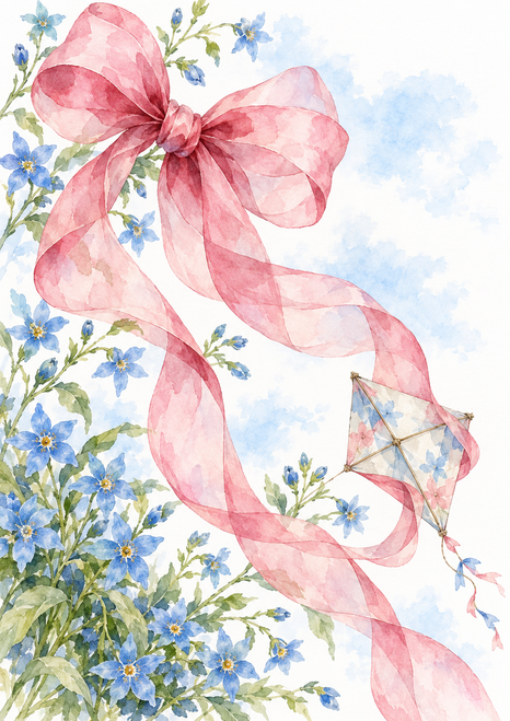 Translucent rose-pink bow and looping ribbon tails surround a small diamond-shaped kite, blue flowers, and greenery on a pale background.