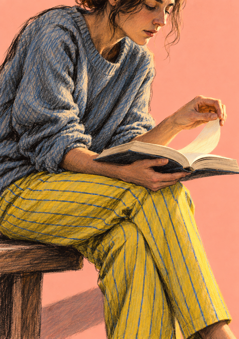 Close portrait of a seated adult in a blue-gray sweater and striped yellow trousers holding an open book and lifting a page against a coral background.