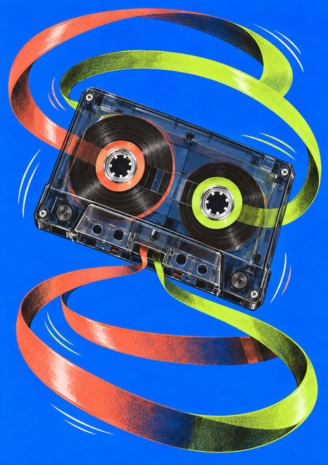 Transparent-looking cassette with two reels tilted diagonally against electric blue, surrounded by broad coral and acid-lime ribbon loops.