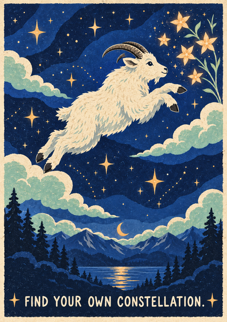Shaggy horned mountain goat leaping toward glowing star-shaped flowers above clouds, mountains, and a lake under a crescent moon.