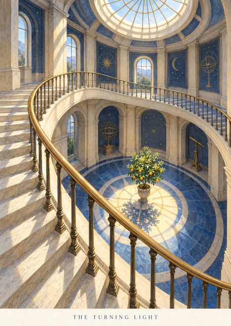 Ornate circular stairwell with sweeping stairs and brass rails surrounding a potted citrus tree beneath a skylight.