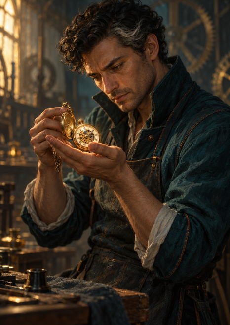 Adult clockmaker in a deep teal coat studying an open brass pocket watch in a softly blurred workshop.