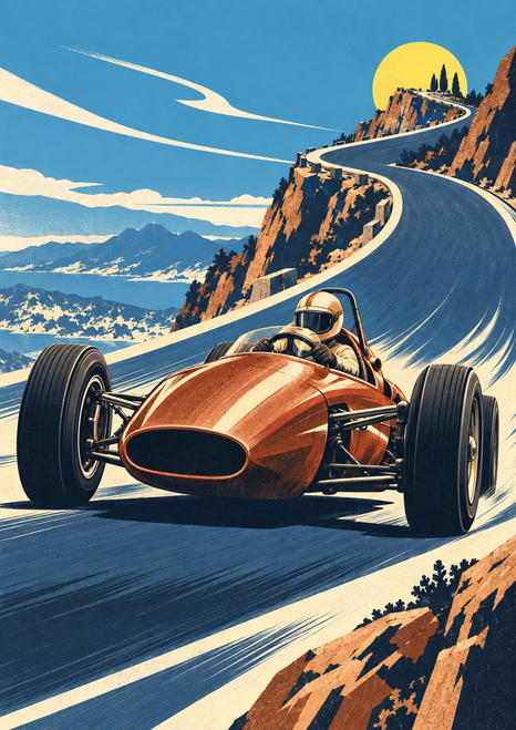 Copper-red open-wheel racing car with a helmeted driver on a winding cobalt road among rocky mountain slopes beneath a bright sun.