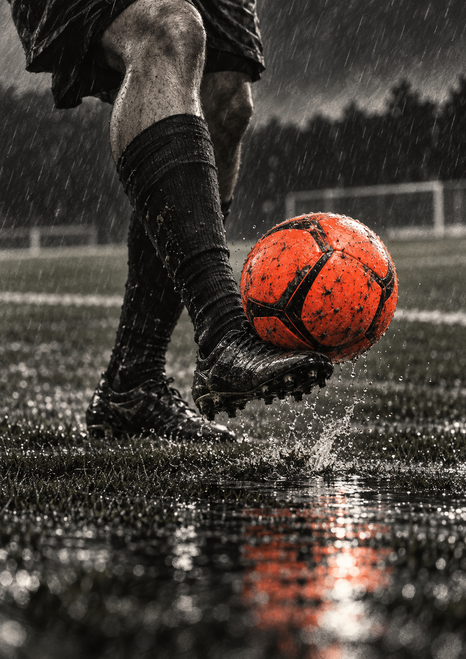 Cropped view of a football player controlling a bright coral-orange ball on a rain-soaked pitch with puddled reflections.