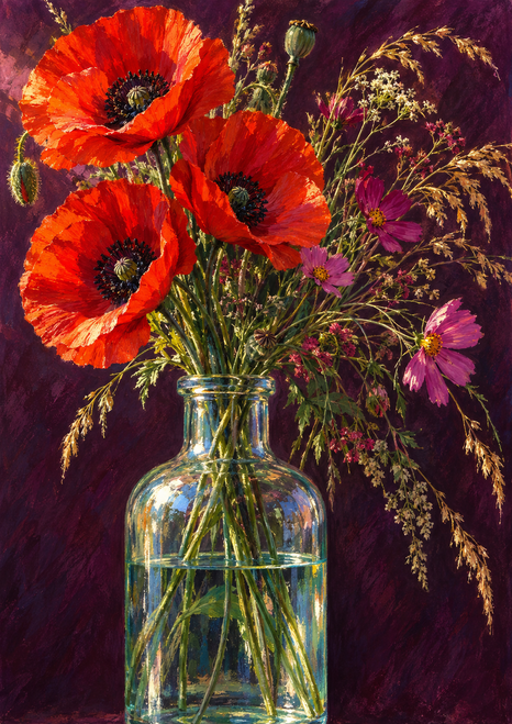 Scarlet poppies, magenta cosmos, and meadow grasses arranged in a clear glass bottle against a deep plum background.