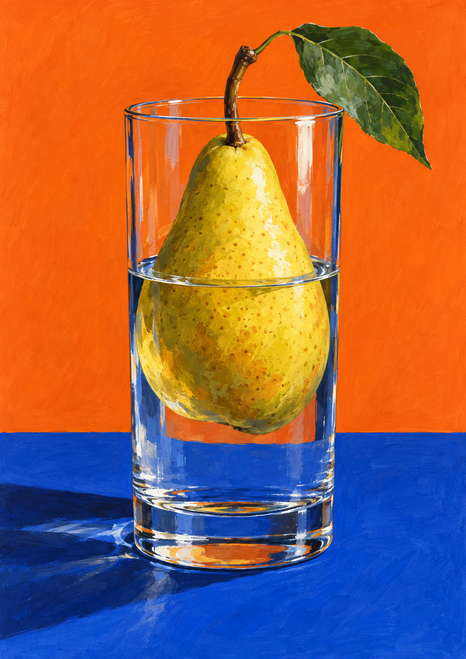 Golden pear with a green leaf inside a clear water-filled glass on a blue tabletop against an orange wall.