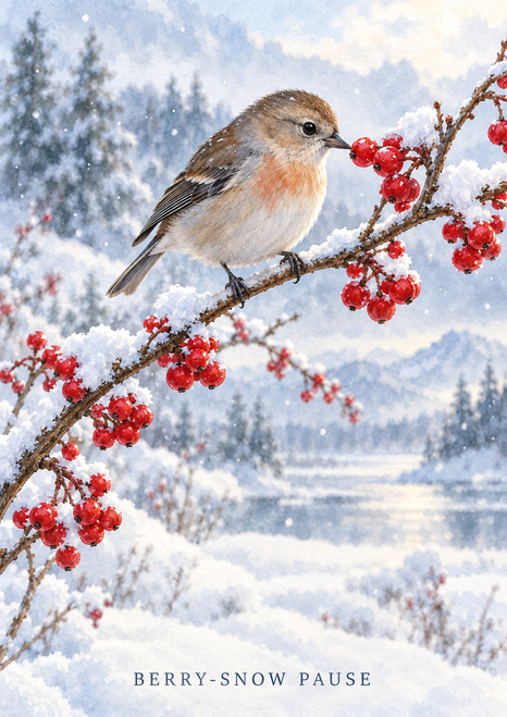 Small brown-and-cream songbird facing red berries on a snow-dusted branch, with snowy trees behind and a small title at the bottom.