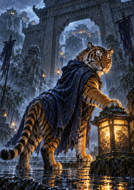 Cloaked striped tiger looking back beneath a rain-soaked stone gate beside a glowing carved lantern.