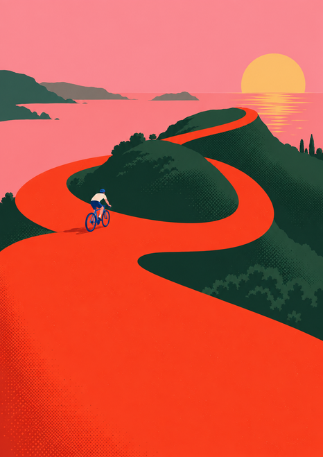 Tiny blue bicycle and rider on a broad vermilion road winding around a dark-green hill, with pink sky, water, coastline, and sun.
