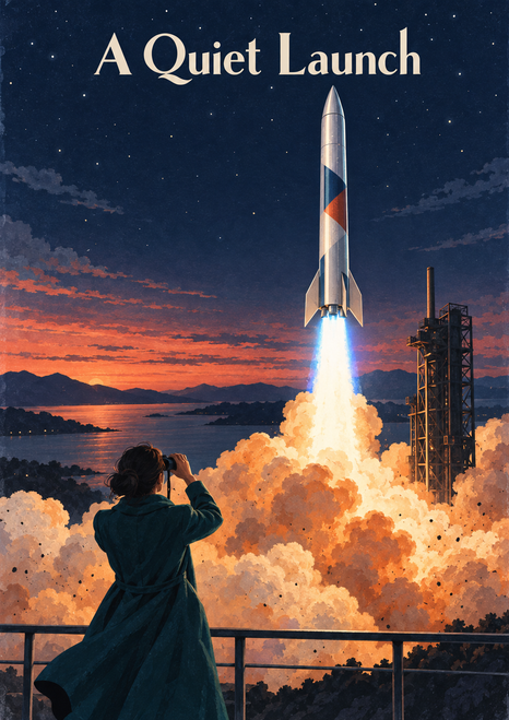 Silver rocket lifting off above amber smoke as an observer with binoculars watches behind a railing at dusk.