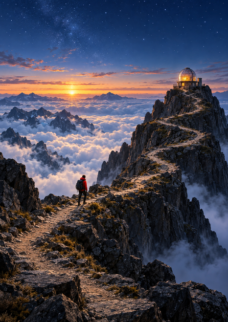 A small hiker in a red jacket follows a rocky mountain ridge above clouds toward an illuminated dome at dawn.