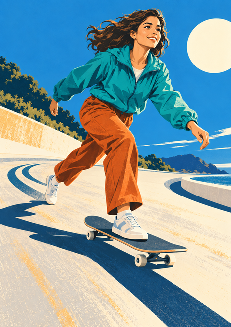 Adult woman in a teal jacket and burnt-orange trousers riding a skateboard along a curved sunlit path, with trees and distant water.