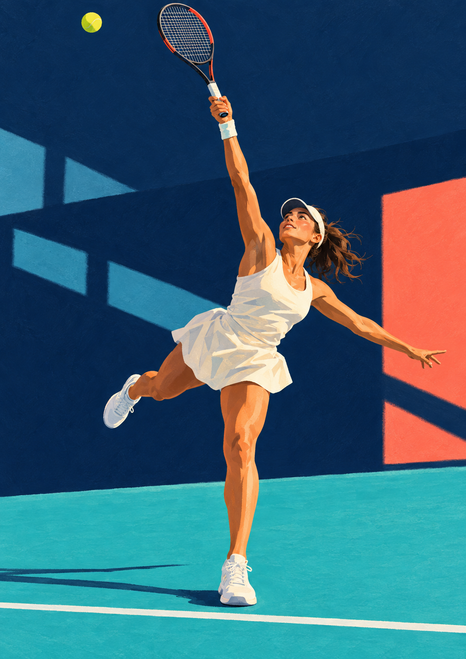 Adult woman tennis player completing an overhead serve on a turquoise court, racket raised and yellow ball at upper left.