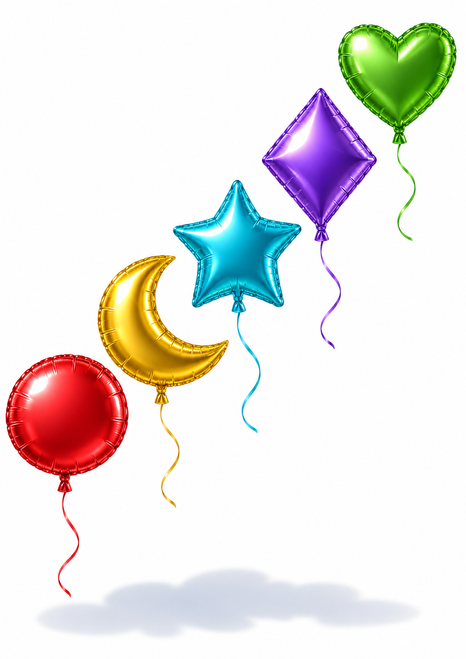 Five red, gold, turquoise, violet, and green foil balloons shaped as a circle, crescent, star, diamond, and heart, arranged diagonally on white.