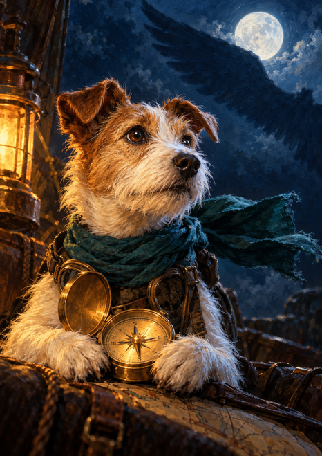 Cream-and-copper terrier in a teal scarf behind an open brass compass, with a lantern, moon, and mountains at night.