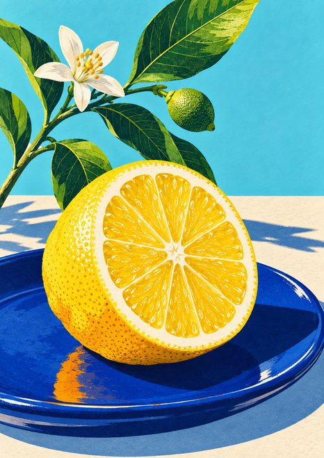 Cut lemon on a glossy deep-blue plate beneath a leafy citrus branch with white blossom and green fruit.