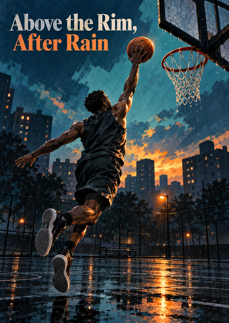 Basketball player leaping toward an outdoor hoop on a reflective court at dusk, with the headline “Above the Rim, After Rain.”