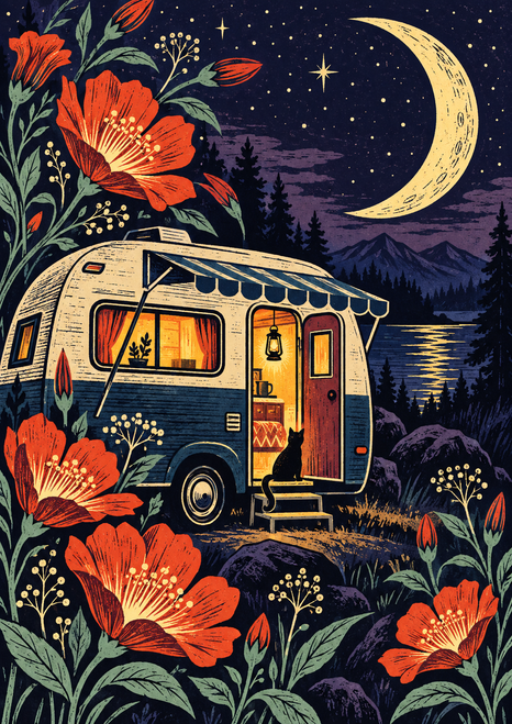 Small camper van with an open glowing doorway and black cat among oversized flowers beneath a crescent moon.