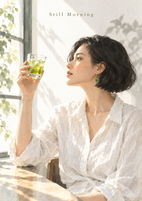 Woman with dark bob raises a clear glass of green tea beside a bright window; “Still Morning” lettering appears above.