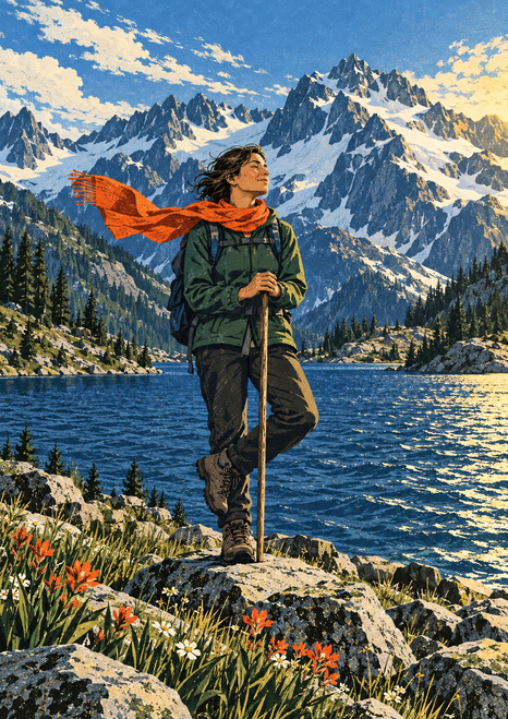 A hiker with a streaming orange scarf and walking stick stands beside a blue mountain lake, with alpine flowers and snow-streaked peaks.