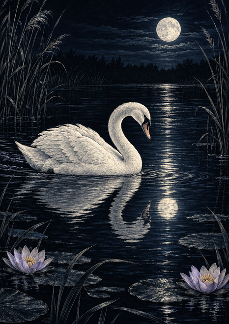 A white swan glides on a dark pond beneath a full moon, with its reflection, reeds, lily pads, and pale water lilies.