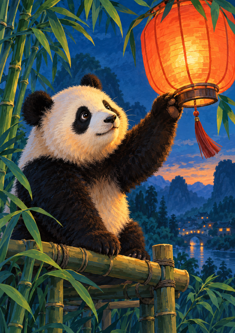 Young giant panda reaching toward a glowing red-orange lantern from a bamboo perch in a twilight forest.
