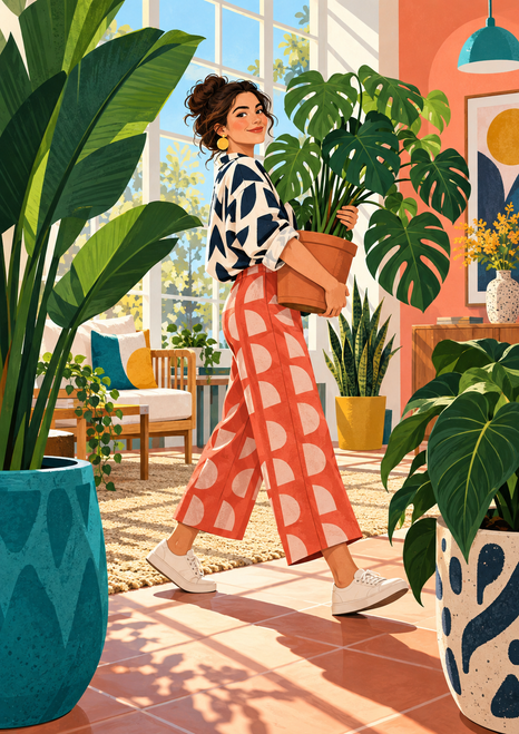 Smiling woman carrying a terracotta-colored pot of leafy plants in a bright sunroom, framed by large potted plants.