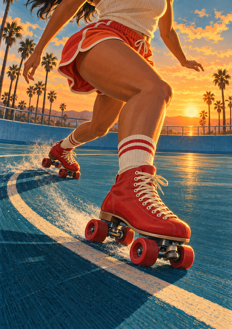 Low view of an adult roller skater in red quad skates carving across a blue outdoor rink at sunset, with palm silhouettes in the distance.