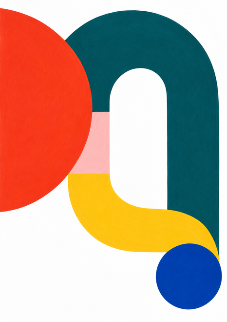 Abstract geometric art with a cropped red-orange disk, teal arch, pale pink block, yellow curve, and blue circle on white.