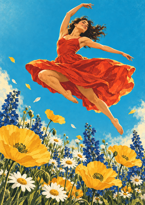 A woman in a flowing red-orange dress leaps above large yellow, white, and blue wildflowers beneath a turquoise sky.