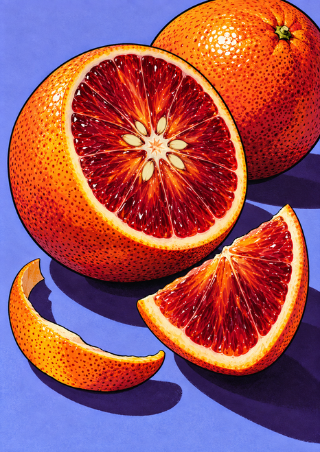 Cut blood orange with ruby flesh beside a whole orange, a separate wedge, and curling peel on a lavender-blue surface.
