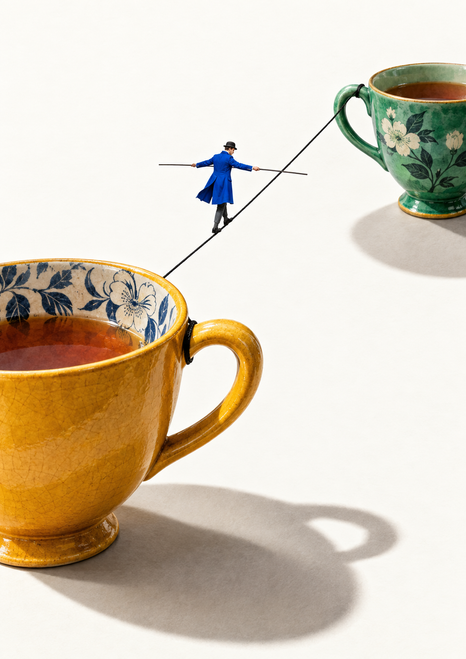 Tiny figure in a blue coat balances on a black line between an ochre teacup and a smaller green floral teacup on a warm-white background.