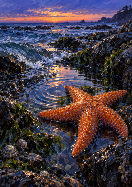 A bright orange five-armed sea star rests in a reflective tidepool among dark wet rocks, algae, and small shells.