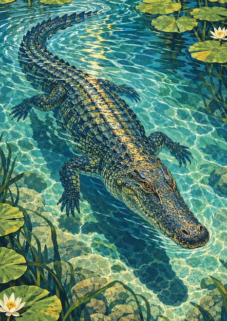 Detailed crocodile swimming diagonally through rippled turquoise water among lily pads, white water-lily flowers, and dark aquatic plants.