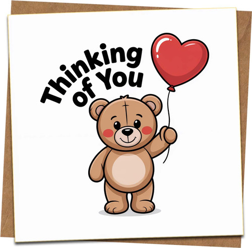 Thinking of You Bear Greeting Card with Heart Balloon, Cute Square 145mm x 145mm, Blank Inside for Sympathy Get Well Friendship Support, Includes Kraft Envelope