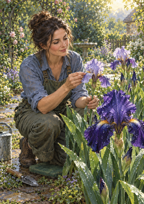 A woman kneels among tall irises in a sunlit garden, tending lavender blooms beside a large purple iris.
