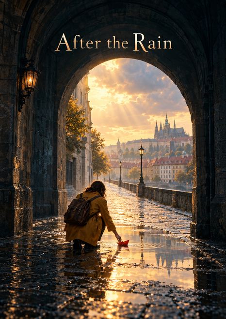 Traveler in a mustard coat reaches toward a red paper boat in a puddle beneath a stone arch, with sunlight on the city beyond.
