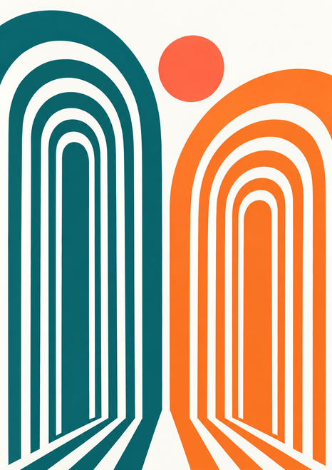 Oversized teal and orange striped arches frame a coral disk against a pale background.