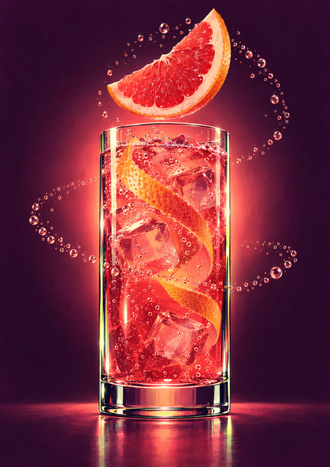 A bright ruby-pink grapefruit soda with ice and curling peel in a clear glass, with a grapefruit wedge floating above it.