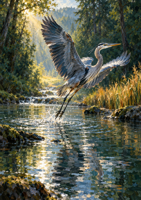 Blue-gray heron flying with wings spread above reflective woodland water, with amber reeds and sunlit trees behind it.