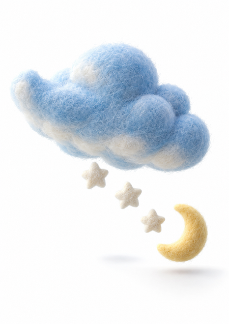 Fuzzy pale-blue cloud above three cream star shapes and a yellow crescent moon on white.