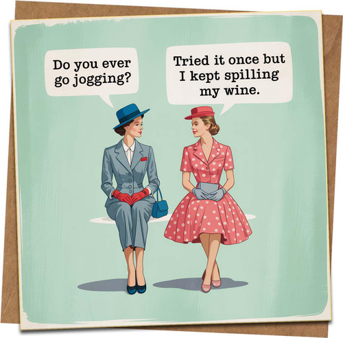 Funny Retro Jogging and Wine Greeting Card 145mm x 145mm with Kraft Envelope, Humorous Vintage Ladies Design, Birthday Card for Her, Friend, Wine Lover