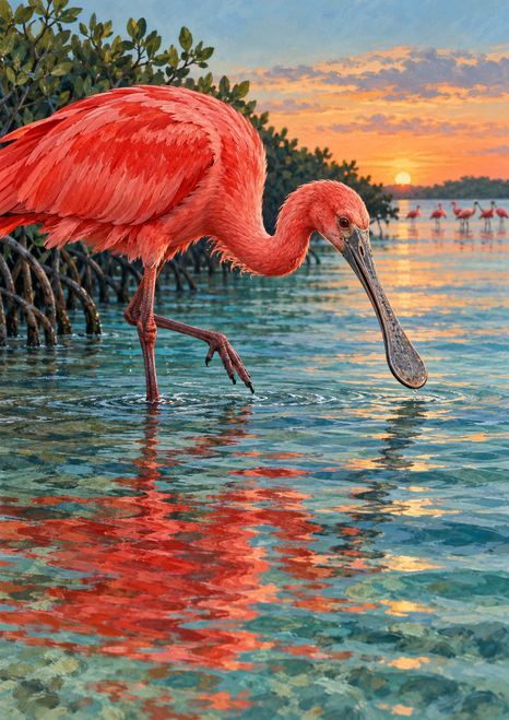 A coral-red scarlet spoonbill bends toward a reflective tidal pool with mangroves and distant birds behind it.