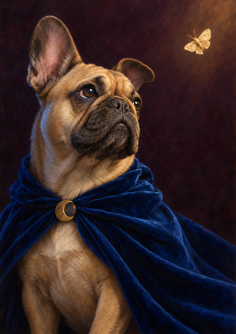 Fawn French bulldog in a cobalt-blue cape with a brass clasp, looking up at a small pale moth against a dark plum background.