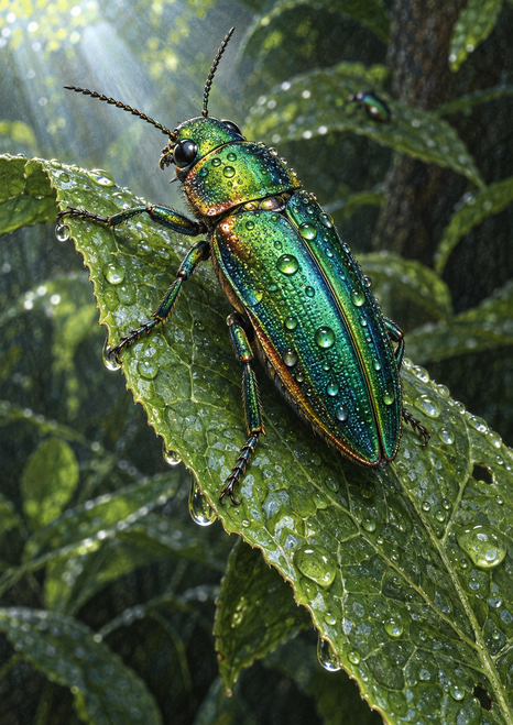An iridescent green and teal beetle with coppery highlights clings to a wet serrated leaf covered in droplets against dark foliage.