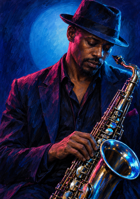 An adult saxophonist in a dark suit and wide-brimmed hat bows his head over a reflective saxophone against blue and magenta light.