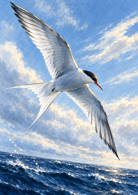 White-and-gray tern-like seabird banking above dark blue water beneath a blue sky with pale clouds.