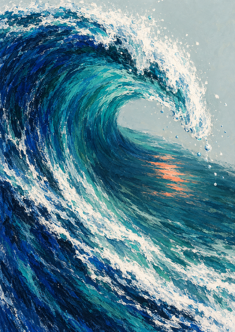 Cobalt and turquoise wave curling into a white foamy arc with spray, pale water, and a small coral reflection.